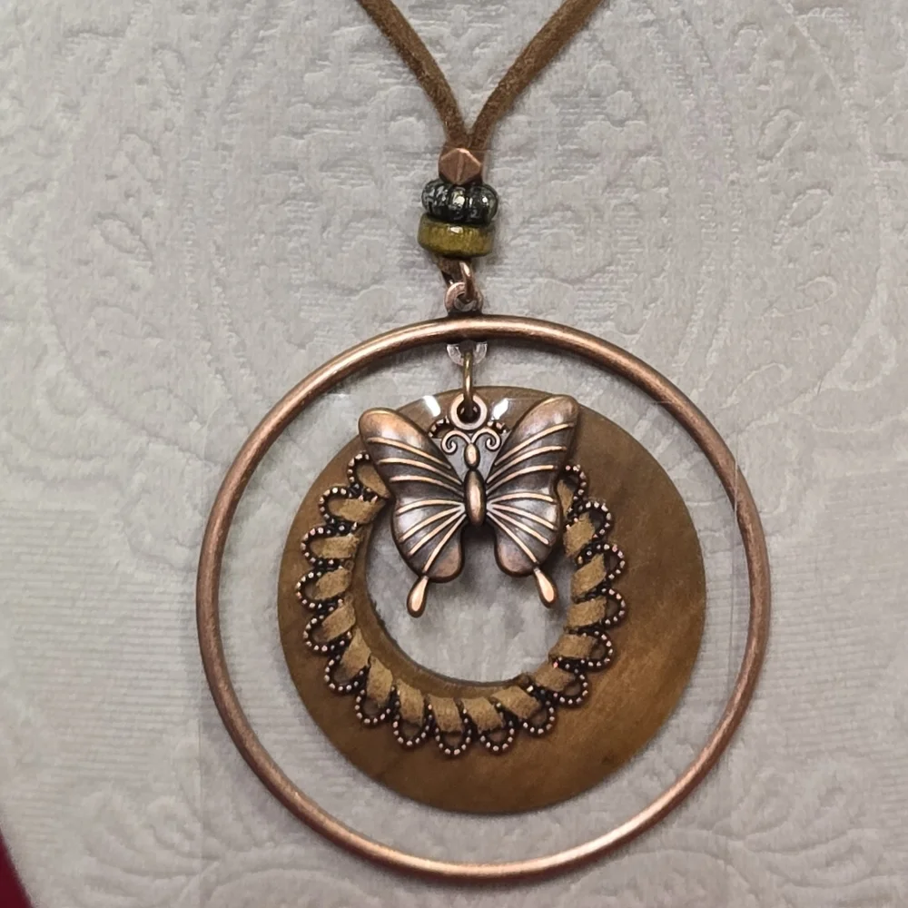 Boho Butterfly Pendant Long Necklace Copper Wood Medallion NWT Suede Jewelry